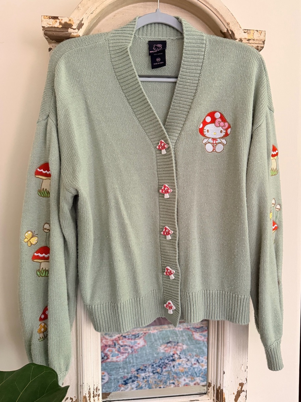 Hello Kitty Mint Green Mushroom-Embroidered V-Neck Cardigan Size Medium - Picture 6 of 12